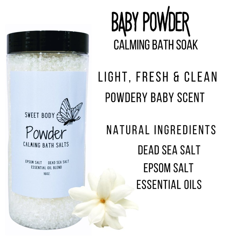 Baby Powder Calming Scented Bath Soak, Epsom Salt, Dead Sea Salt